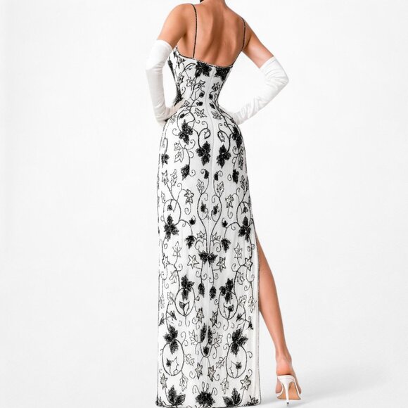 Vintage Gray Black Floral Beaded Silk Bodycon Side Slit Maxi Prom Dress Size S - Picture 4 of 9